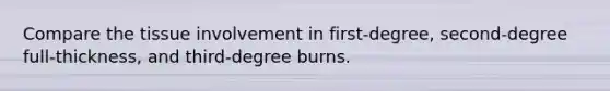 Compare the tissue involvement in first-degree, second-degree full-thickness, and third-degree burns.