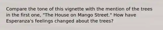 Compare the tone of this vignette with the mention of the trees in the first one, "The House on Mango Street." How have Esperanza's feelings changed about the trees?