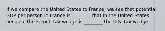 If we compare the United States to France, we see that potential GDP per person in France is ________ that in the United States because the French tax wedge is ________ the U.S. tax wedge.