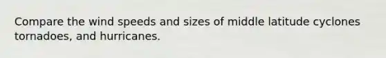 Compare the wind speeds and sizes of middle latitude cyclones tornadoes, and hurricanes.