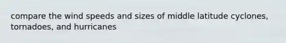 compare the wind speeds and sizes of middle latitude cyclones, tornadoes, and hurricanes