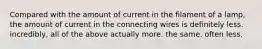 Compared with the amount of current in the filament of a lamp, the amount of current in the connecting wires is definitely less. incredibly, all of the above actually more. the same. often less.