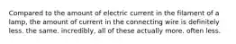 Compared to the amount of electric current in the filament of a lamp, the amount of current in the connecting wire is definitely less. the same. incredibly, all of these actually more. often less.