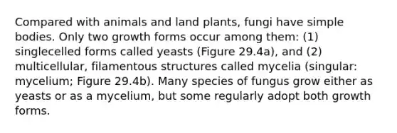 Compared with animals and land plants, fungi have simple bodies. Only two growth forms occur among them: (1) singlecelled forms called yeasts (Figure 29.4a), and (2) multicellular, filamentous structures called mycelia (singular: mycelium; Figure 29.4b). Many species of fungus grow either as yeasts or as a mycelium, but some regularly adopt both growth forms.