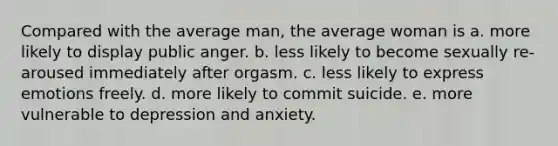 Compared with the average man, the average woman is a. more likely to display public anger. b. less likely to become sexually re-aroused immediately after orgasm. c. less likely to express emotions freely. d. more likely to commit suicide. e. more vulnerable to depression and anxiety.