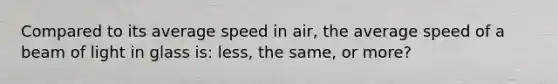 Compared to its average speed in air, the average speed of a beam of light in glass is: less, the same, or more?