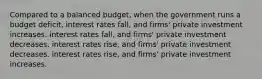 Compared to a balanced​ budget, when the government runs a budget​ deficit, interest rates​ fall, and​ firms' private investment increases. interest rates​ fall, and​ firms' private investment decreases. interest rates​ rise, and​ firms' private investment decreases. interest rates​ rise, and​ firms' private investment increases.