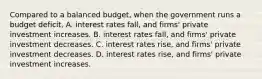 Compared to a balanced​ budget, when the government runs a budget​ deficit, A. interest rates​ fall, and​ firms' private investment increases. B. interest rates​ fall, and​ firms' private investment decreases. C. interest rates​ rise, and​ firms' private investment decreases. D. interest rates​ rise, and​ firms' private investment increases.