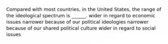 Compared with most countries, in the United States, the range of the ideological spectrum is ______. wider in regard to economic issues narrower because of our political ideologies narrower because of our shared political culture wider in regard to social issues