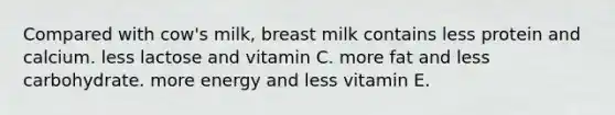 Compared with cow's milk, breast milk contains less protein and calcium. less lactose and vitamin C. more fat and less carbohydrate. more energy and less vitamin E.