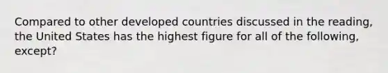 Compared to other developed countries discussed in the reading, the United States has the highest figure for all of the following, except?