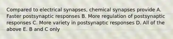 Compared to electrical synapses, chemical synapses provide A. Faster postsynaptic responses B. More regulation of postsynaptic responses C. More variety in postsynaptic responses D. All of the above E. B and C only