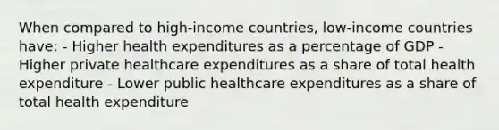 When compared to high-income countries, low-income countries have: - Higher health expenditures as a percentage of GDP - Higher private healthcare expenditures as a share of total health expenditure - Lower public healthcare expenditures as a share of total health expenditure