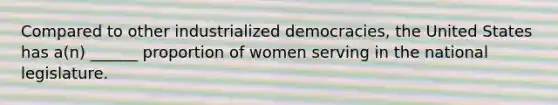 Compared to other industrialized democracies, the United States has a(n) ______ proportion of women serving in the national legislature.