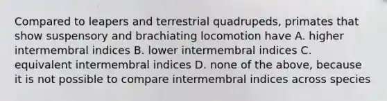 Compared to leapers and terrestrial quadrupeds, primates that show suspensory and brachiating locomotion have A. higher intermembral indices B. lower intermembral indices C. equivalent intermembral indices D. none of the above, because it is not possible to compare intermembral indices across species