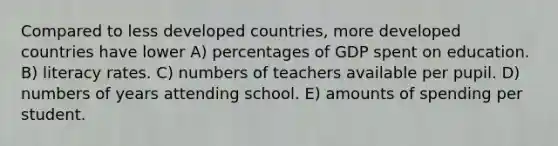 Compared to less developed countries, more developed countries have lower A) percentages of GDP spent on education. B) literacy rates. C) numbers of teachers available per pupil. D) numbers of years attending school. E) amounts of spending per student.