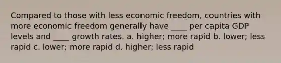 Compared to those with less economic freedom, countries with more economic freedom generally have ____ per capita GDP levels and ____ growth rates. a. higher; more rapid b. lower; less rapid c. lower; more rapid d. higher; less rapid