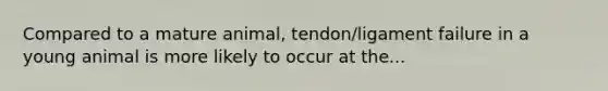 Compared to a mature animal, tendon/ligament failure in a young animal is more likely to occur at the...