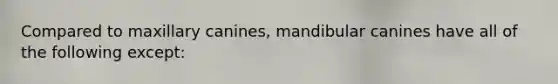 Compared to maxillary canines, mandibular canines have all of the following except: