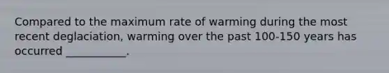 Compared to the maximum rate of warming during the most recent deglaciation, warming over the past 100-150 years has occurred ___________.