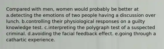 Compared with men, women would probably be better at a.detecting the emotions of two people having a discussion over lunch. b.controlling their physiological responses on a guilty knowledge test. c.interpreting the polygraph test of a suspected criminal. d.avoiding the facial feedback effect. e.going through a cathartic experience.