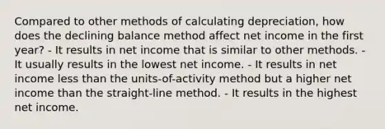 Compared to other methods of calculating depreciation, how does the declining balance method affect net income in the first year? - It results in net income that is similar to other methods. - It usually results in the lowest net income. - It results in net income <a href='https://www.questionai.com/knowledge/k7BtlYpAMX-less-than' class='anchor-knowledge'>less than</a> the units-of-activity method but a higher net income than the straight-line method. - It results in the highest net income.