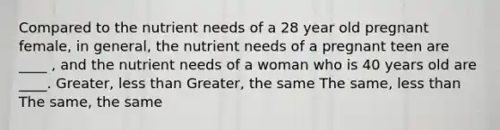 Compared to the nutrient needs of a 28 year old pregnant female, in general, the nutrient needs of a pregnant teen are ____ , and the nutrient needs of a woman who is 40 years old are ____. Greater, less than Greater, the same The same, less than The same, the same