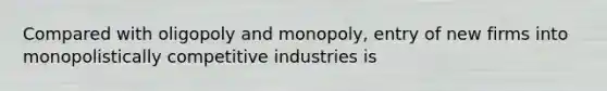 Compared with oligopoly and monopoly, entry of new firms into monopolistically competitive industries is