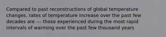 Compared to past reconstructions of global temperature changes, rates of temperature increase over the past few decades are --- those experienced during the most rapid intervals of warming over the past few thousand years