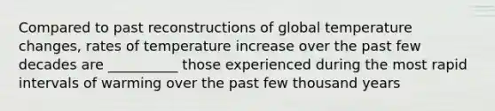 Compared to past reconstructions of global temperature changes, rates of temperature increase over the past few decades are __________ those experienced during the most rapid intervals of warming over the past few thousand years