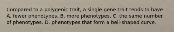 Compared to a polygenic trait, a single-gene trait tends to have A. fewer phenotypes. B. more phenotypes. C. the same number of phenotypes. D. phenotypes that form a bell-shaped curve.