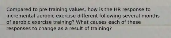 Compared to pre-training values, how is the HR response to incremental aerobic exercise different following several months of aerobic exercise training? What causes each of these responses to change as a result of training?