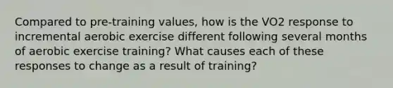 Compared to pre-training values, how is the VO2 response to incremental aerobic exercise different following several months of aerobic exercise training? What causes each of these responses to change as a result of training?