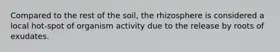 Compared to the rest of the soil, the rhizosphere is considered a local hot-spot of organism activity due to the release by roots of exudates.