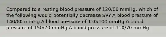 Compared to a resting <a href='https://www.questionai.com/knowledge/kD0HacyPBr-blood-pressure' class='anchor-knowledge'>blood pressure</a> of 120/80 mmHg, which of the following would potentially decrease SV? A blood pressure of 140/80 mmHg A blood pressure of 130/100 mmHg A blood pressure of 150/70 mmHg A blood pressure of 110/70 mmHg