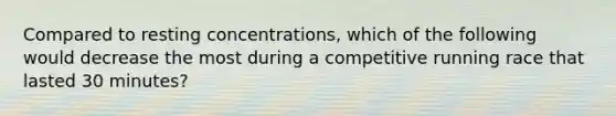 Compared to resting concentrations, which of the following would decrease the most during a competitive running race that lasted 30 minutes?