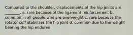 Compared to the shoulder, displacements of the hip joints are ________. a. rare because of the ligament reinforcement b. common in all people who are overweight c. rare because the rotator cuff stabilizes the hip joint d. common due to the weight bearing the hip endures