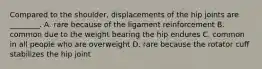 Compared to the shoulder, displacements of the hip joints are ________. A. rare because of the ligament reinforcement B. common due to the weight bearing the hip endures C. common in all people who are overweight D. rare because the rotator cuff stabilizes the hip joint