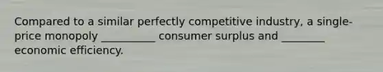 Compared to a similar perfectly competitive industry, a single-price monopoly __________ consumer surplus and ________ economic efficiency.