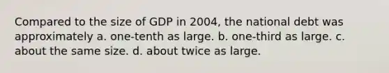 Compared to the size of GDP in 2004, the national debt was approximately a. one-tenth as large. b. one-third as large. c. about the same size. d. about twice as large.