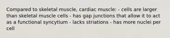 Compared to skeletal muscle, cardiac muscle: - cells are larger than skeletal muscle cells - has gap junctions that allow it to act as a functional syncytium - lacks striations - has more nuclei per cell