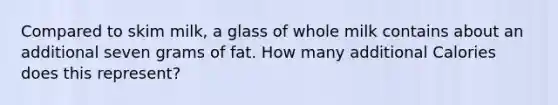 Compared to skim milk, a glass of whole milk contains about an additional seven grams of fat. How many additional Calories does this represent?