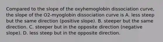 Compared to the slope of the oxyhemoglobin dissociation curve, the slope of the O2-myoglobin dissociation curve is A. less steep but the same direction (positive slope). B. steeper but the same direction. C. steeper but in the opposite direction (negative slope). D. less steep but in the opposite direction.