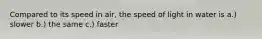 Compared to its speed in air, the speed of light in water is a.) slower b.) the same c.) faster