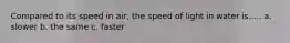 Compared to its speed in air, the speed of light in water is..... a. slower b. the same c. faster