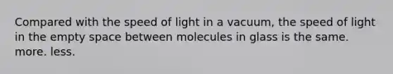 Compared with the speed of light in a vacuum, the speed of light in the empty space between molecules in glass is the same. more. less.