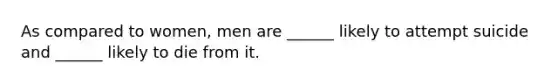 As compared to women, men are ______ likely to attempt suicide and ______ likely to die from it.