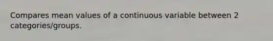 Compares mean values of a continuous variable between 2 categories/groups.