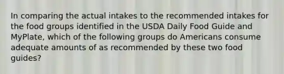 In comparing the actual intakes to the recommended intakes for the food groups identified in the USDA Daily Food Guide and MyPlate, which of the following groups do Americans consume adequate amounts of as recommended by these two food guides?