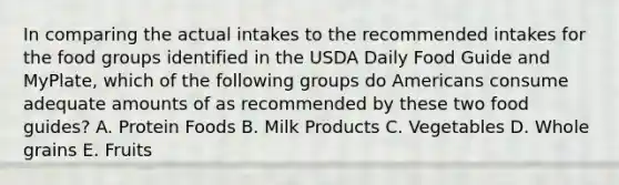 In comparing the actual intakes to the recommended intakes for the food groups identified in the USDA Daily Food Guide and MyPlate, which of the following groups do Americans consume adequate amounts of as recommended by these two food guides? A. Protein Foods B. Milk Products C. Vegetables D. Whole grains E. Fruits